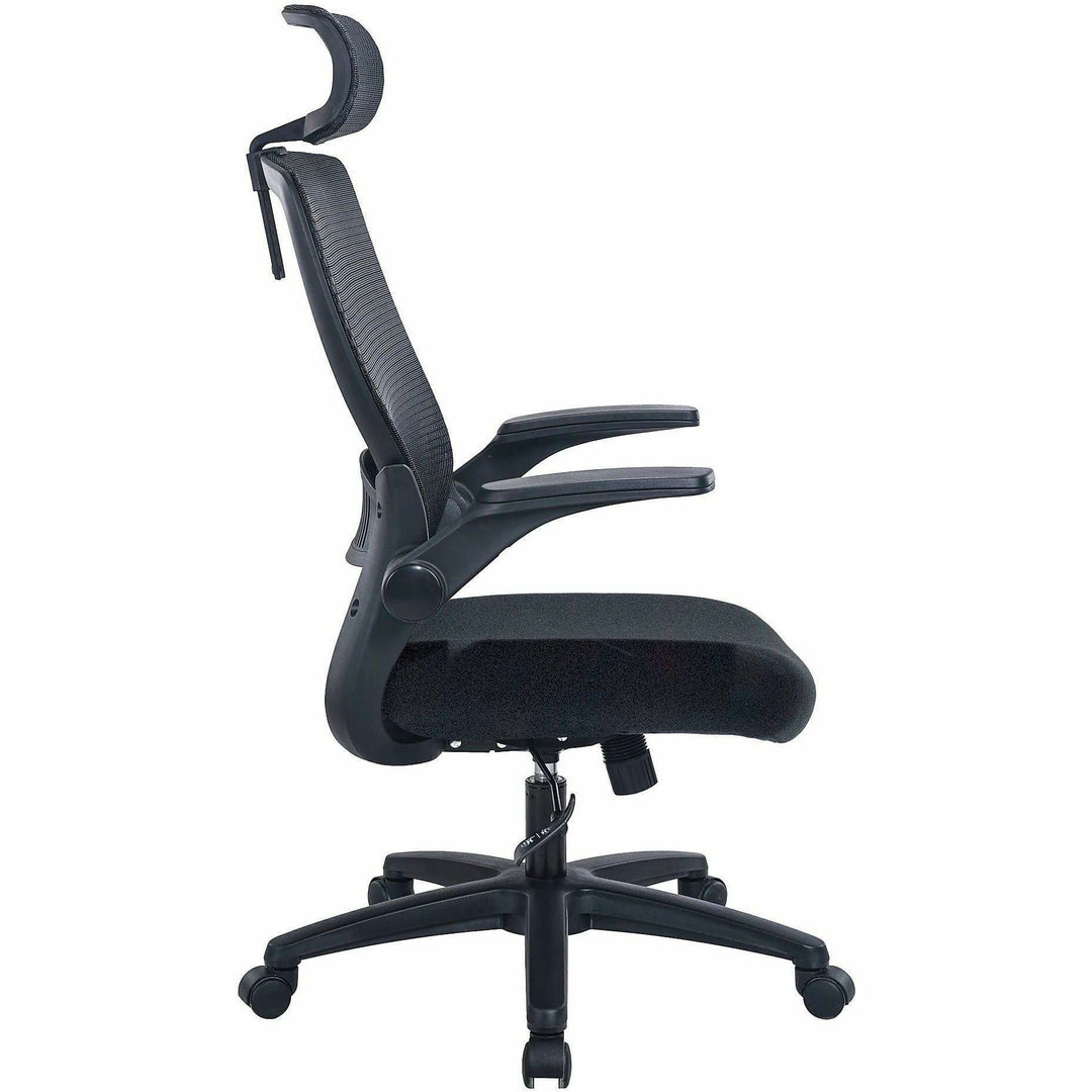 Image of Lorell 63210 Lanser Mesh-Back Chair with Flip-Up Arms, Fabric Seat Material, Mesh Back Material, High Back, 5-star Base, Black, Armrest, 1 Each
