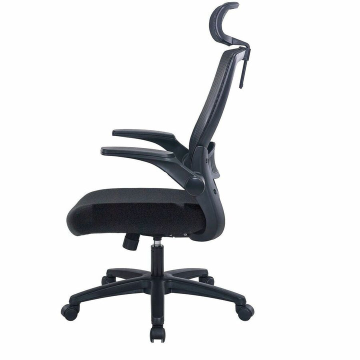 Image of Lorell 63210 Lanser Mesh-Back Chair with Flip-Up Arms, Fabric Seat Material, Mesh Back Material, High Back, 5-star Base, Black, Armrest, 1 Each
