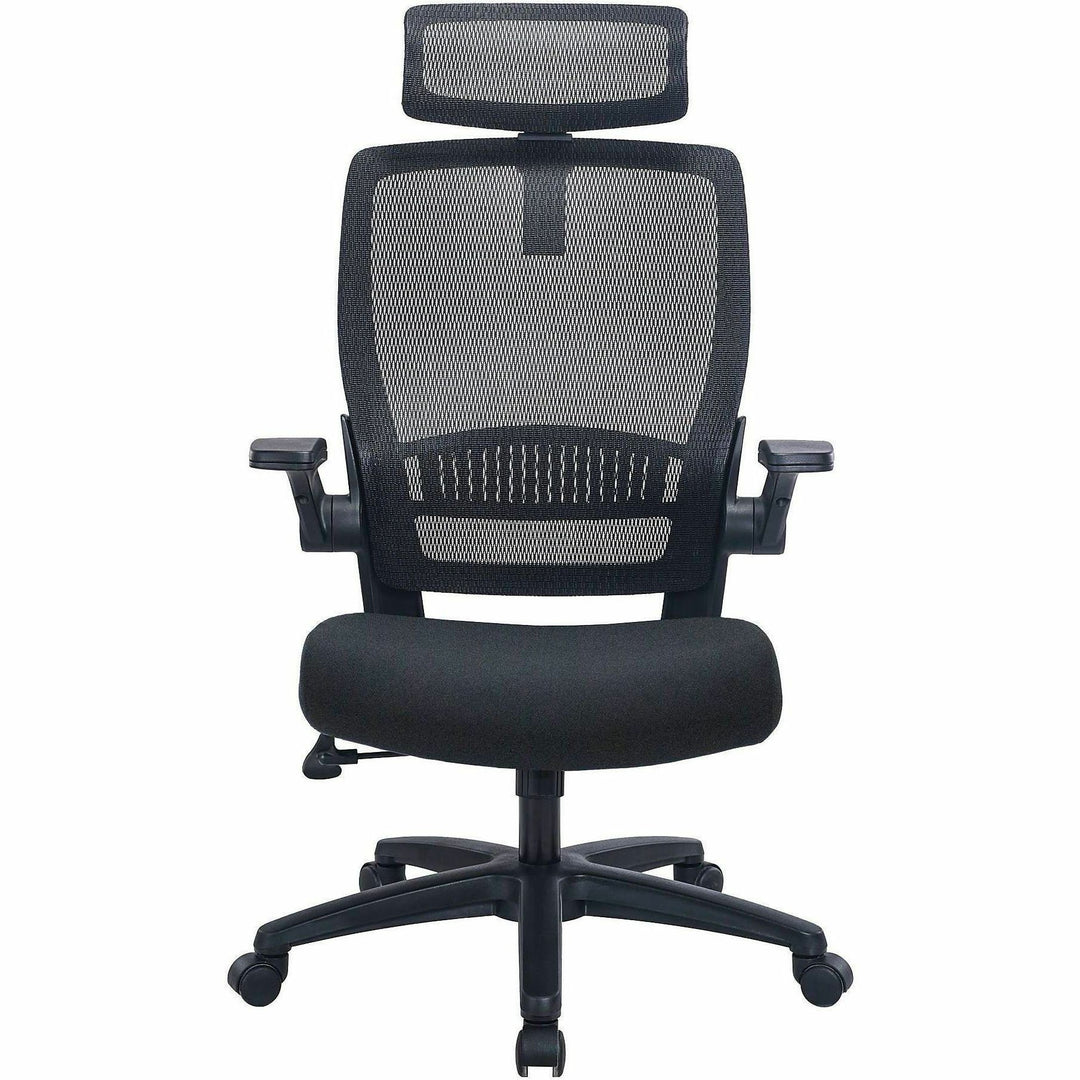 Image of Lorell 63210 Lanser Mesh-Back Chair with Flip-Up Arms, Fabric Seat Material, Mesh Back Material, High Back, 5-star Base, Black, Armrest, 1 Each