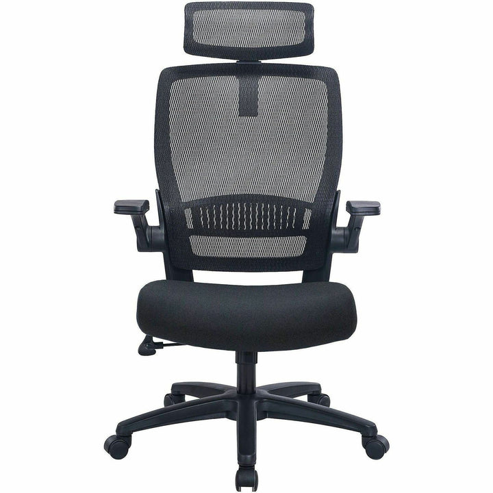 Image of Lorell 63210 Lanser Mesh-Back Chair with Flip-Up Arms, Fabric Seat Material, Mesh Back Material, High Back, 5-star Base, Black, Armrest, 1 Each