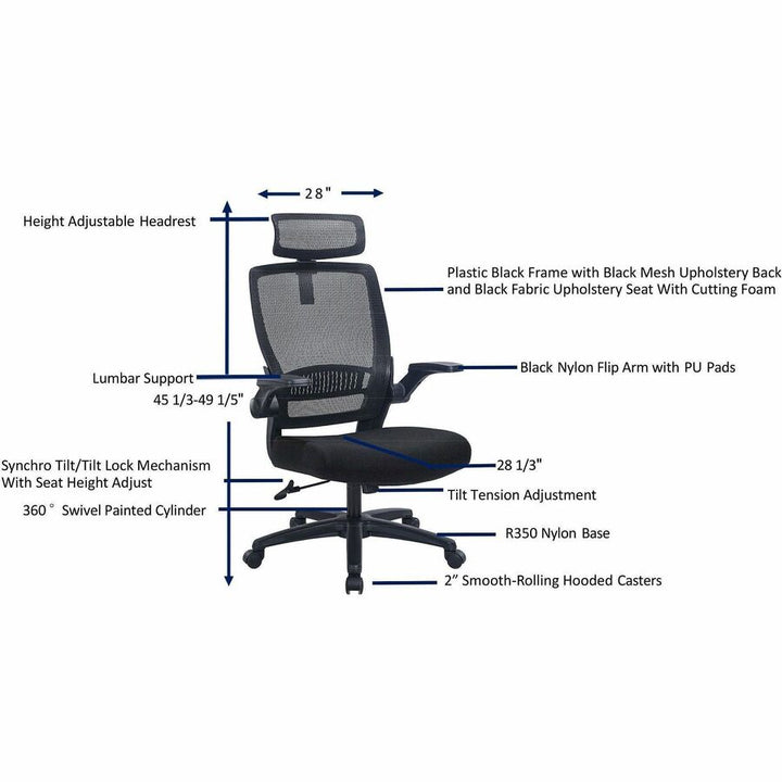 Image of Lorell 63210 Lanser Mesh-Back Chair with Flip-Up Arms, Fabric Seat Material, Mesh Back Material, High Back, 5-star Base, Black, Armrest, 1 Each