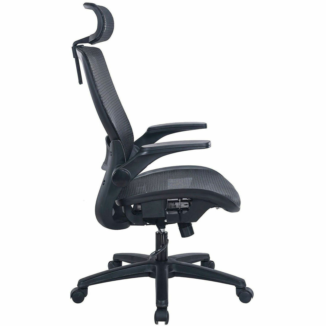 Image of Lorell 63211 Lanser All-Mesh Chair with Flip-Up Arms, Mesh Seat Material, Mesh Back Material, High Back, 5-star Base, Black, Armrest, 1 Each