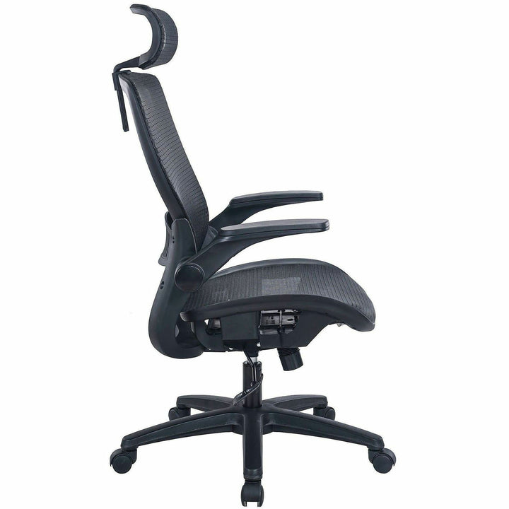 Image of Lorell 63211 Lanser All-Mesh Chair with Flip-Up Arms, Mesh Seat Material, Mesh Back Material, High Back, 5-star Base, Black, Armrest, 1 Each