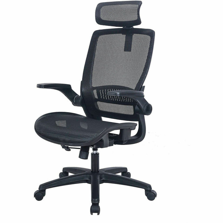 Image of Lorell 63211 Lanser All-Mesh Chair with Flip-Up Arms, Mesh Seat Material, Mesh Back Material, High Back, 5-star Base, Black, Armrest, 1 Each