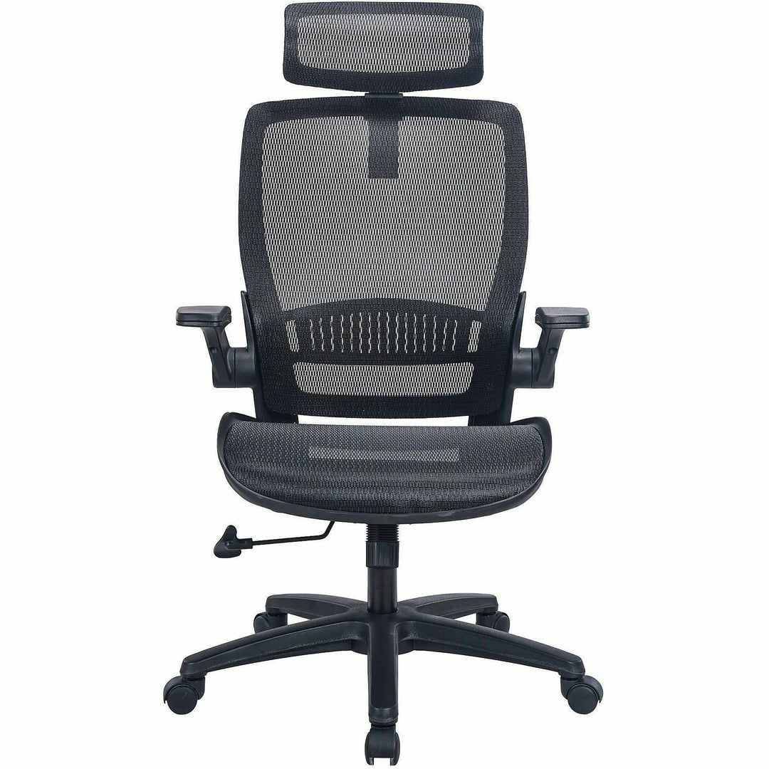 Image of Lorell 63211 Lanser All-Mesh Chair with Flip-Up Arms, Mesh Seat Material, Mesh Back Material, High Back, 5-star Base, Black, Armrest, 1 Each