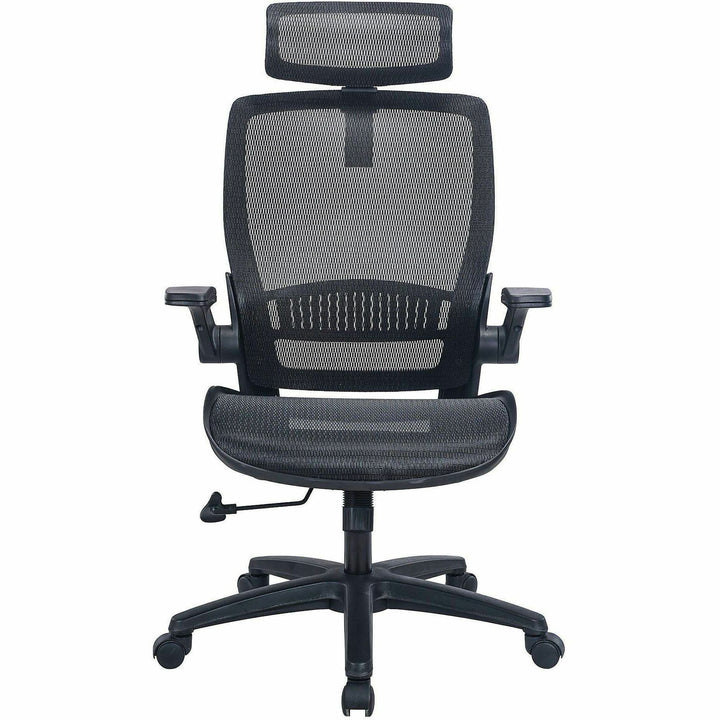 Image of Lorell 63211 Lanser All-Mesh Chair with Flip-Up Arms, Mesh Seat Material, Mesh Back Material, High Back, 5-star Base, Black, Armrest, 1 Each