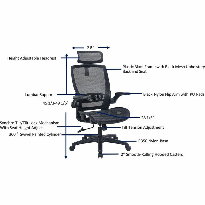 Image of Lorell 63211 Lanser All-Mesh Chair with Flip-Up Arms, Mesh Seat Material, Mesh Back Material, High Back, 5-star Base, Black, Armrest, 1 Each
