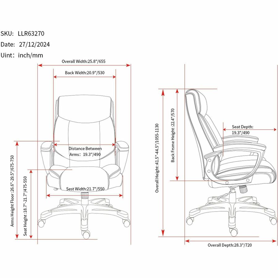 Image of Lorell High-Back Chair,PU,Loop Arms,25.8"x28.3"x41.5"-44.5",Black