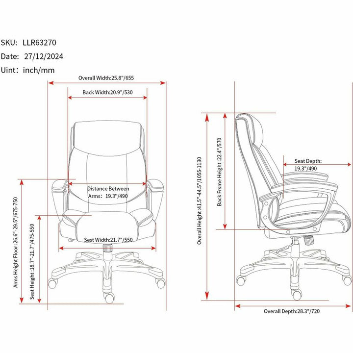 Image of Lorell High-Back Chair,PU,Loop Arms,25.8"x28.3"x41.5"-44.5",Black
