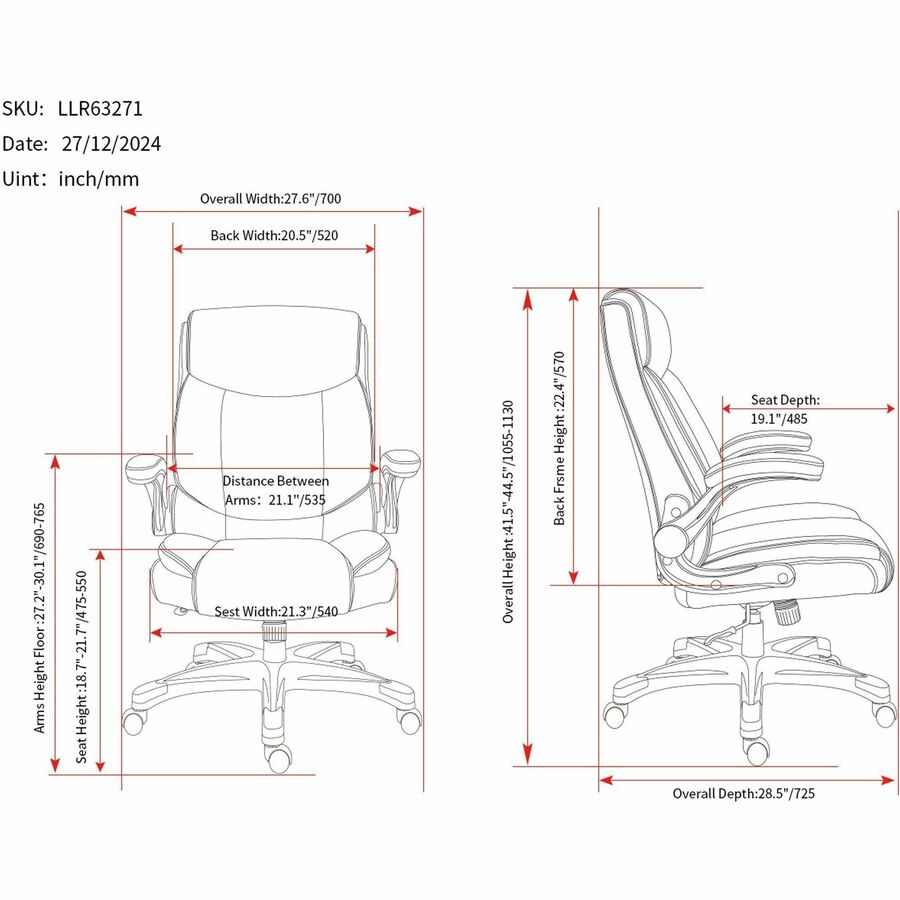 Image of Lorell 63271 Sera High-Back Manager Chair, Polyurethane Seat Material, Polyurethane Back Material, High Back, Black, Armrest, 1 Each