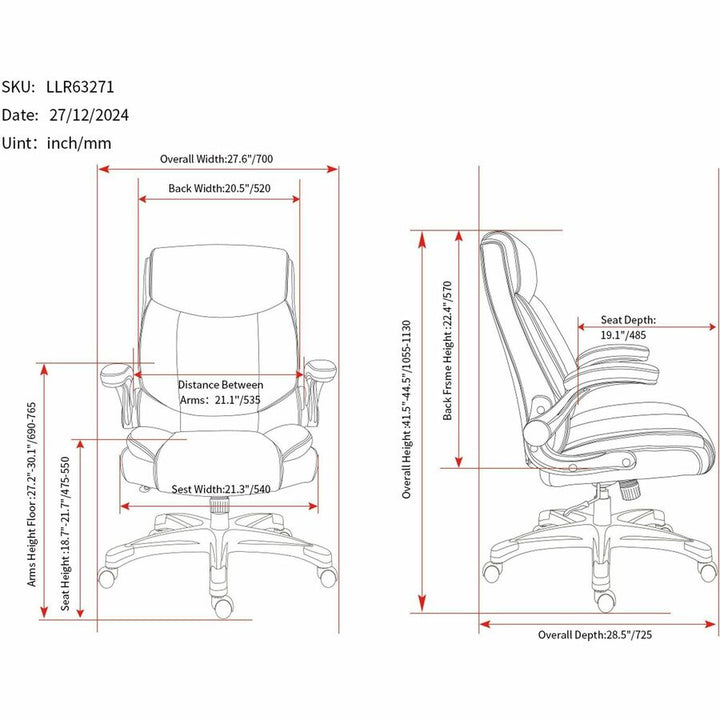 Image of Lorell 63271 Sera High-Back Manager Chair, Polyurethane Seat Material, Polyurethane Back Material, High Back, Black, Armrest, 1 Each