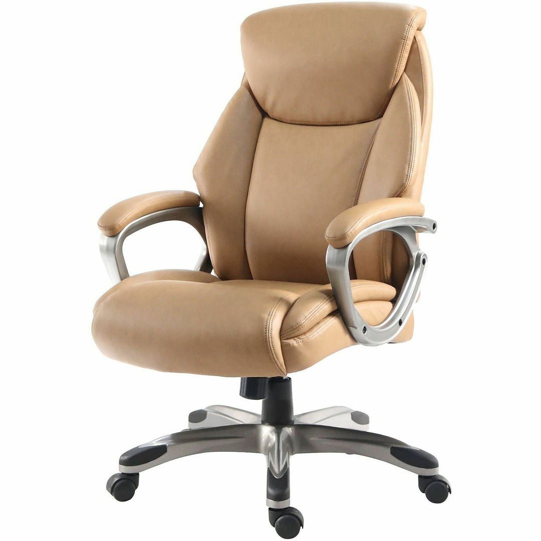Image of Lorell High-Back Chair,PU,Loop Arms,25.4"x27.4"x41.9"-44.9",Caramel