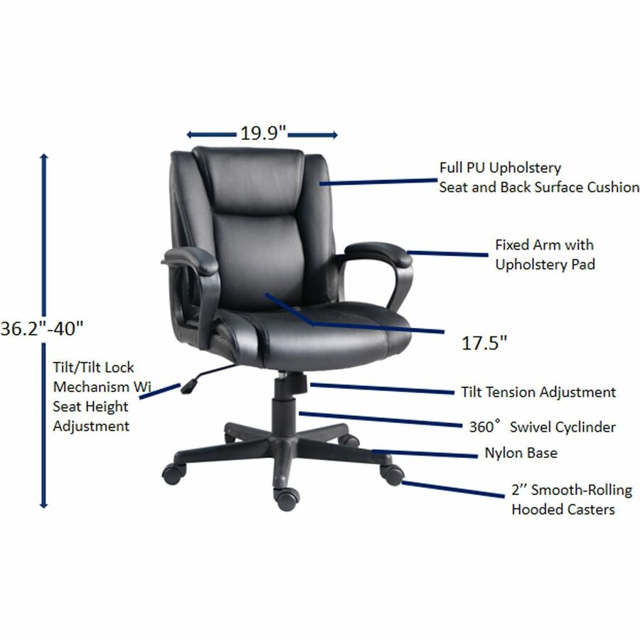 Image of Lorell Chair, PU Leather, 24"Wx26-2/5"Lx38-1/4"H, Black