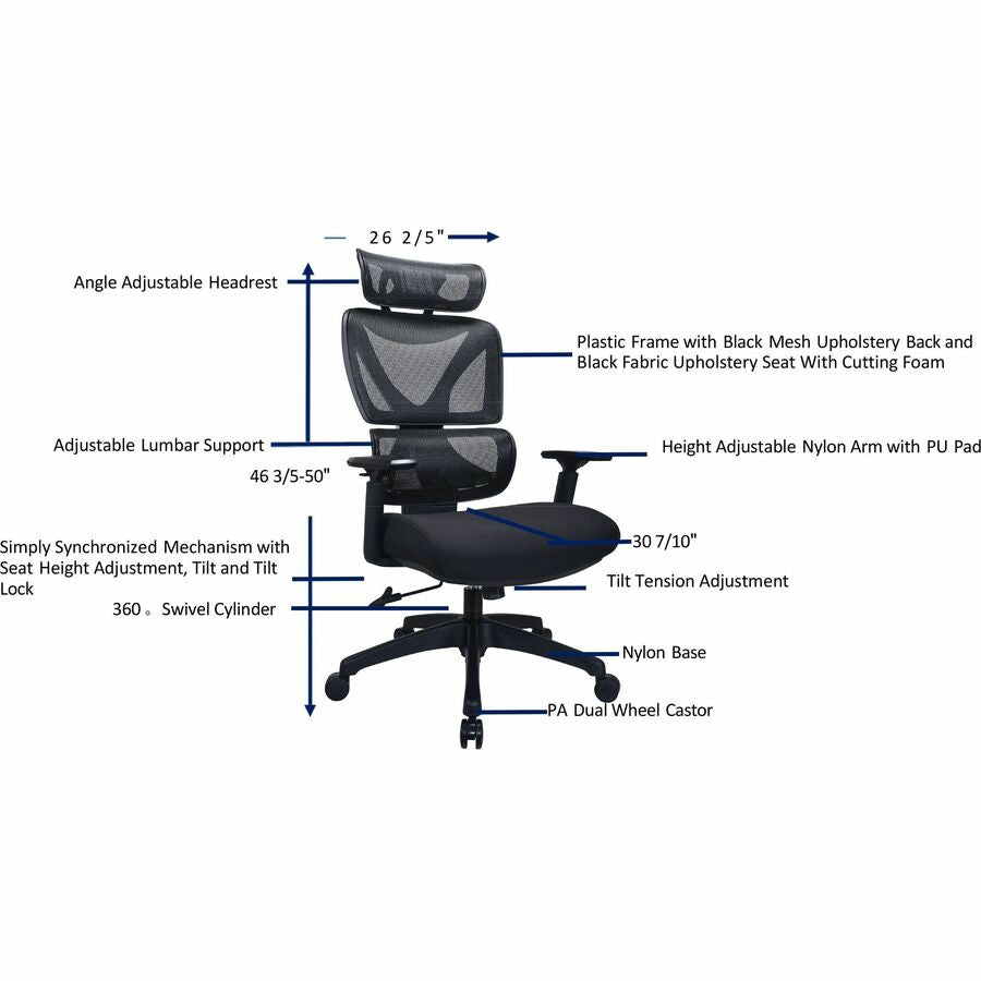 Image of Lorell High-Back Chair,w/Headrest,26.8"x29.5"x45.5''~49.2",BK
