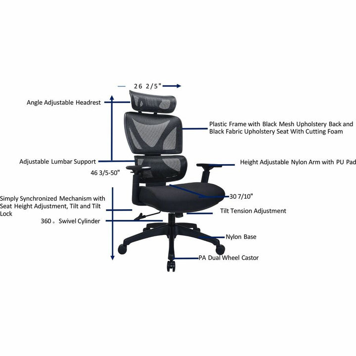 Image of Lorell High-Back Chair,w/Headrest,26.8"x29.5"x45.5''~49.2",BK