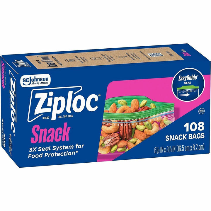 Image of Ziploc® 383215 Snack Size Storage Bags, 6.50", Seal, Zipper Closure, Plastic, Snack, Food, Sandwich, Storage, Fruit, Vegetables, 108 / Box