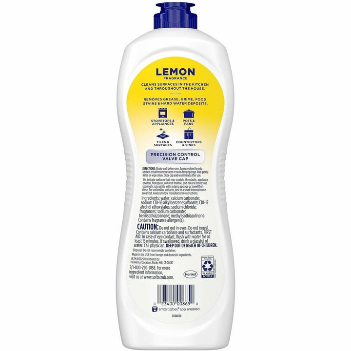 Image of Soft Scrub 07224 Total Bath/Kitchen Cleanser, For Multipurpose, 24 fl oz (0.8 quart), Fresh, Lemon Scent, Non-abrasive, Kosher, White, 1 Each