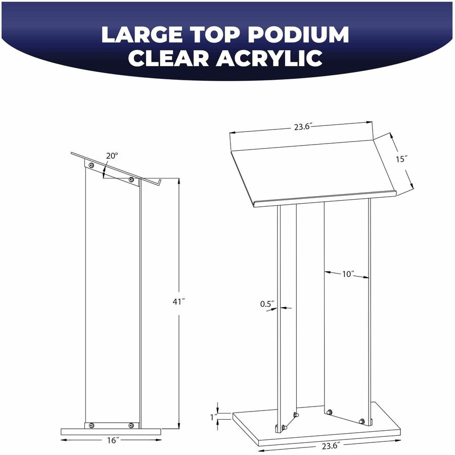 Image of Kantek AP360 Standing Lectern, 2 Legs, 41" H x 23.60" W x 16" Depth, Speaker, Presentation, Assembly Required, Clear, Acrylic, 1 Each