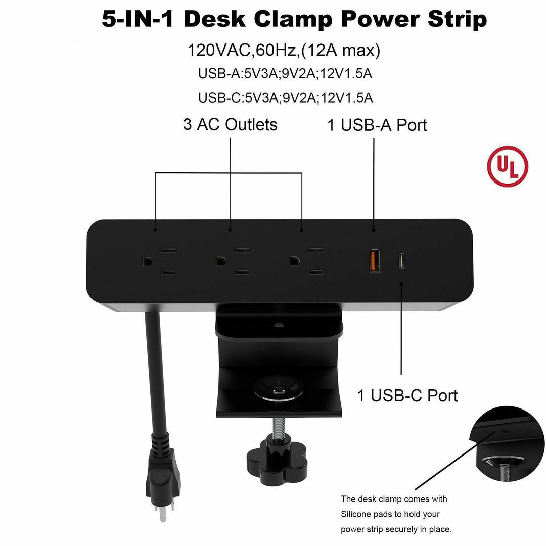 Image of Lorell Power Module,w/2 AC,1 USB-A,1 USB-C,8.66"x2.16"x1.89", BK