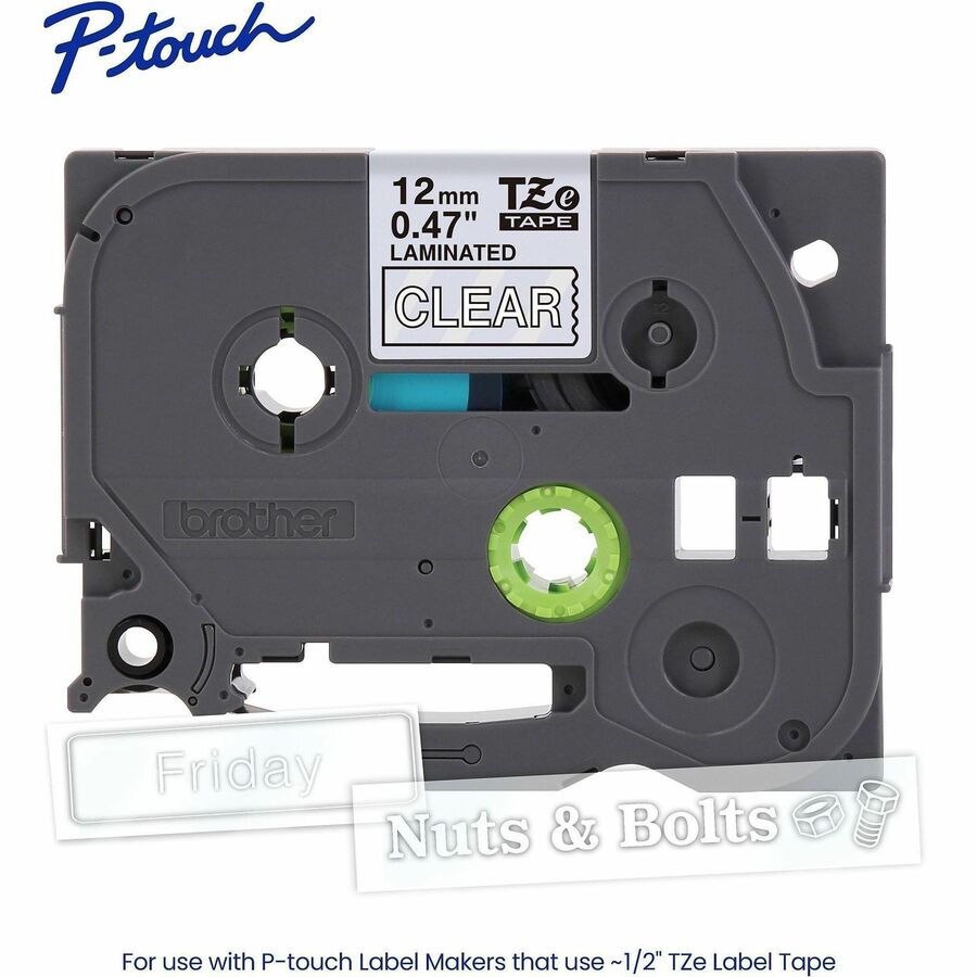 Image of P-touch TZE135G Genuine TZe135 WHT on CLR Label Tape, Laminated, 12mmX8m, 15/32" Width, Clear, Laminated, Water Resistant, 1 Each