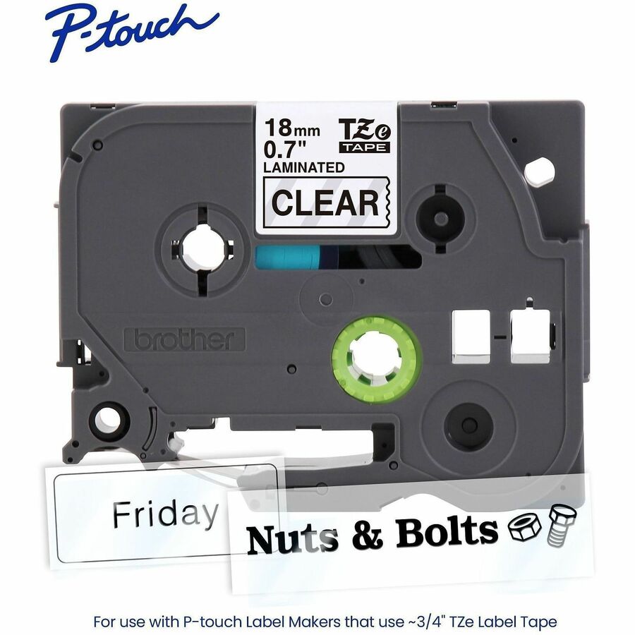Image of P-touch TZE141G Genuine TZe141 BK on CLR Label Tape, Laminated, 18mmX8m, 45/64" Width, Clear, Laminated, Water Resistant, 1 Each