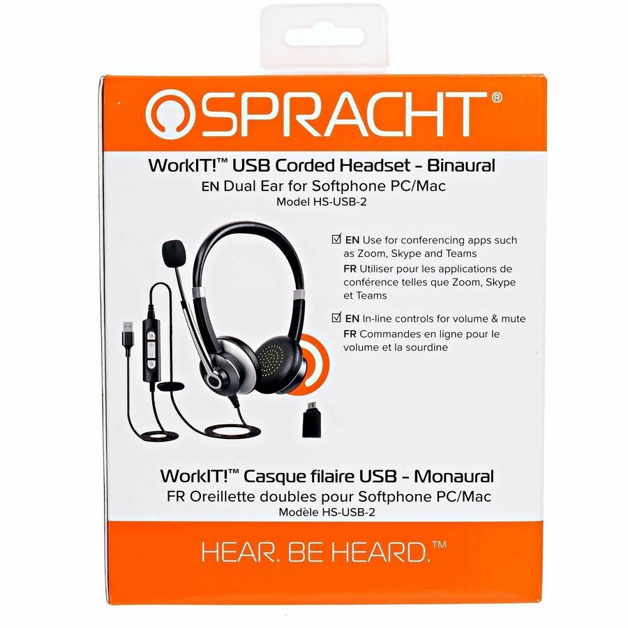 Image of Spracht HSUSB2 Headset, Stereo, USB, Wired, Over-the-head, On-ear, Binaural, Supra-aural, Noise Cancelling Microphone, Black, 1 Each