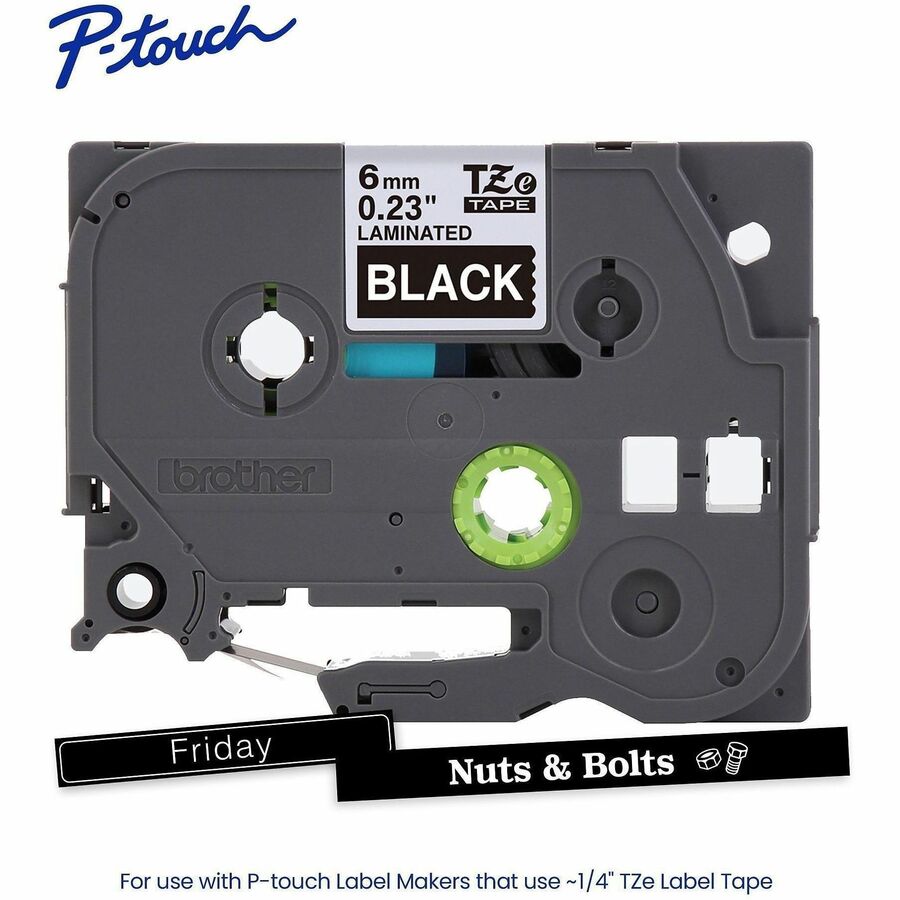 Image of P-touch TZE315G Genuine TZe315 WHT on BK Label Tape, Laminated, 6mmX8m, 15/64" Width, Black, Laminated, Water Resistant, 1 Each