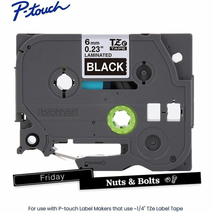 Image of P-touch TZE315G Genuine TZe315 WHT on BK Label Tape, Laminated, 6mmX8m, 15/64" Width, Black, Laminated, Water Resistant, 1 Each