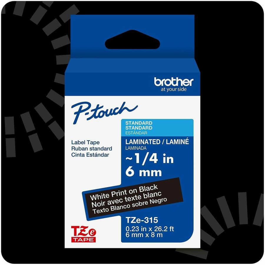 Image of P-touch TZE315G Genuine TZe315 WHT on BK Label Tape, Laminated, 6mmX8m, 15/64" Width, Black, Laminated, Water Resistant, 1 Each
