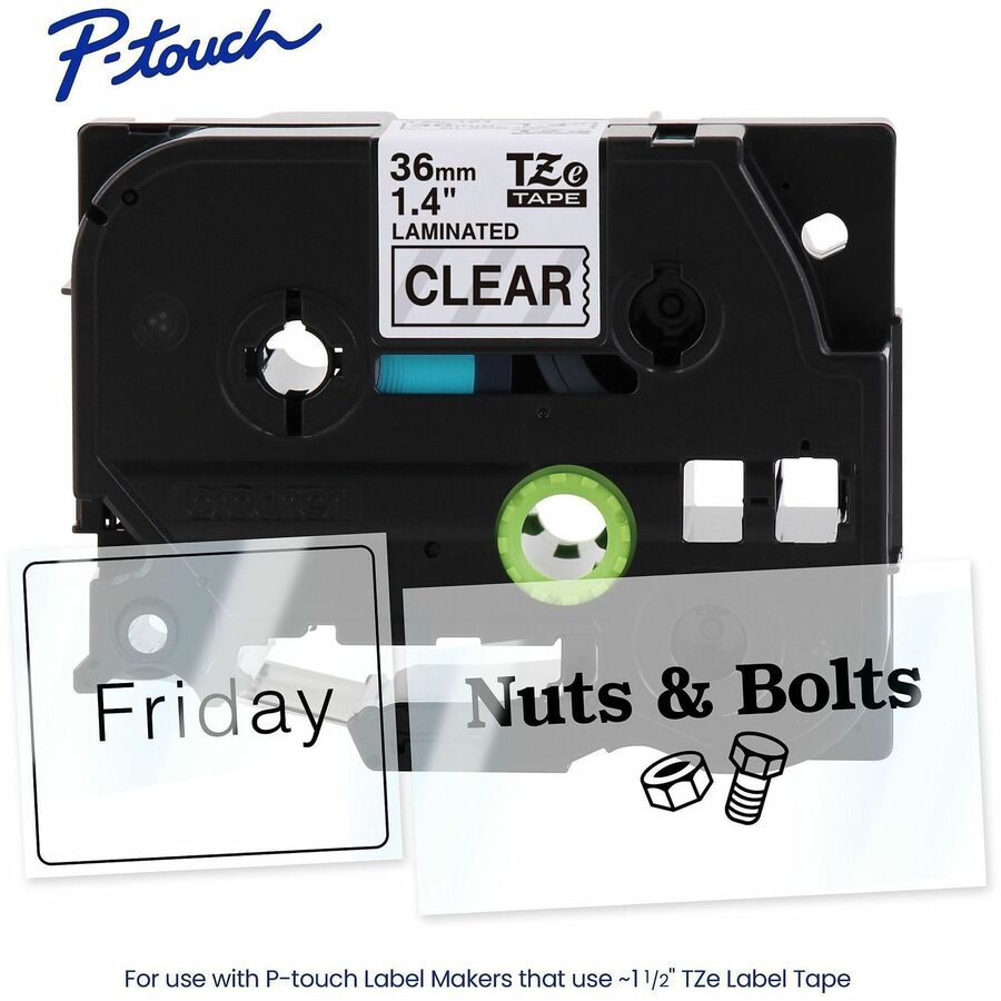 Image of P-touch TZE161G Genuine TZe161 BK on CLR Label Tape, Laminated, 36mmX8m, 1 27/64" Width, Clear, Laminated, Water Resistant, 1 Each