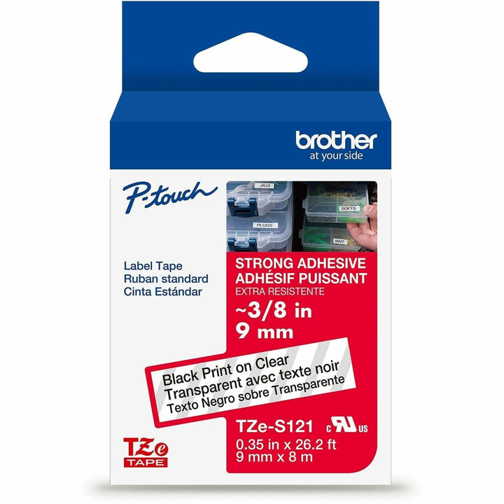 Image of Brother TZES121G Genuine P-touch TZeS121 BK on CLR Label Tape, Strong Adhesive Lam., 9mmX8m