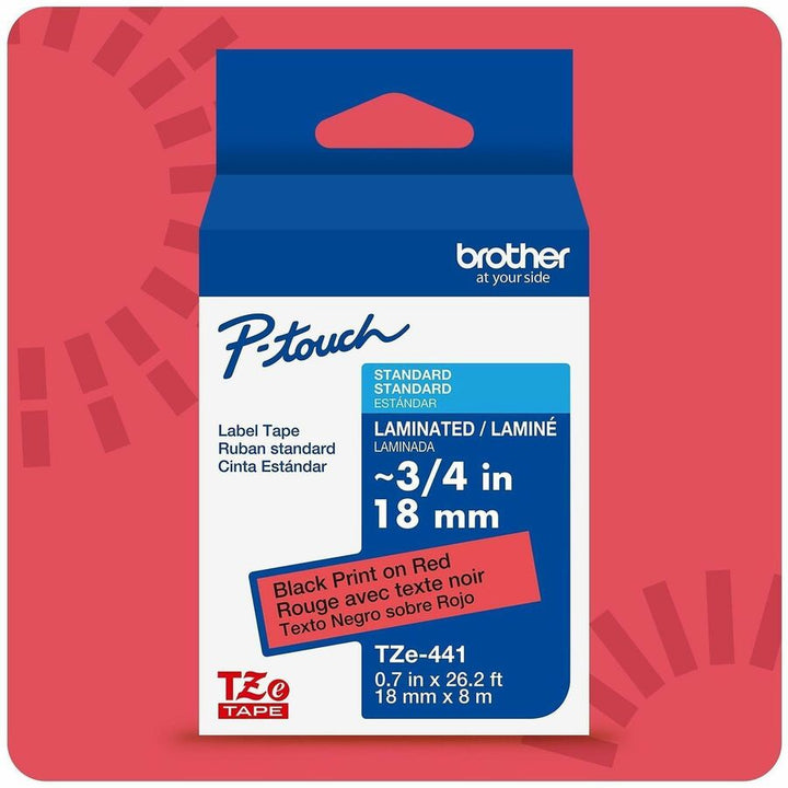 Image of Brother TZE441G Genuine P-touch TZe441 BK on RD Label Tape, Laminated, 18mmX8m, 45/64" Width, Red, Laminated, Water Resistant, 1 Each