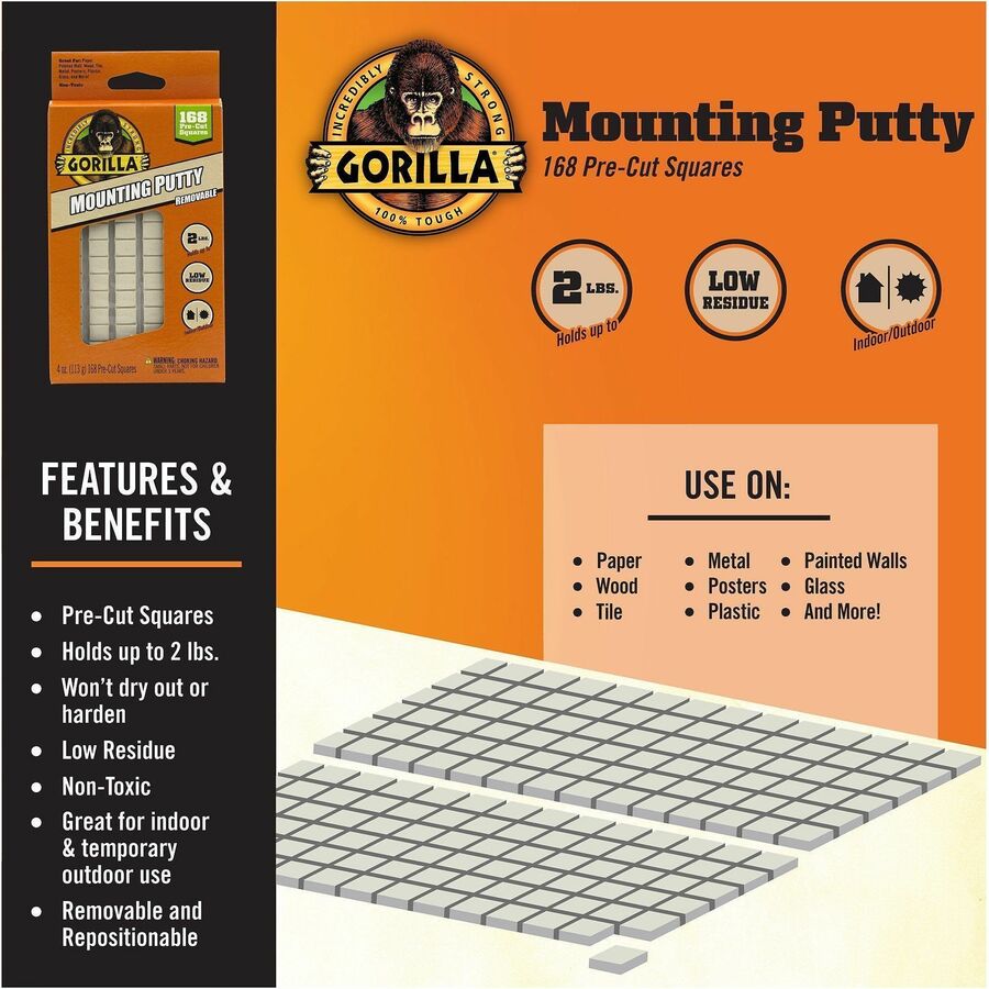 Image of Gorilla 109100 Mounting Putty, Beige, For Indoor, Outdoor, Mounting, Paper, Wall, Wood, Tile, Metal, Glass, 168/Pack, 1 Each
