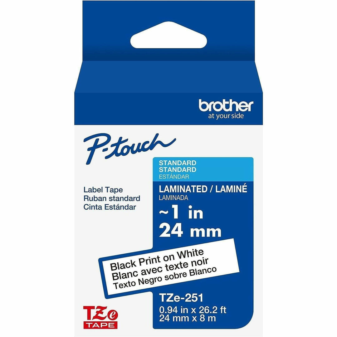 Image of P-touch TZE251G Genuine TZe251 BK on WHT Label Tape, Laminated, 24mmX8m, 15/16" Width, White, Laminated, Water Resistant, 1 Each