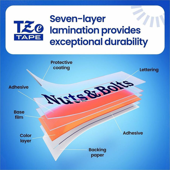 Image of P-touch TZE251G Genuine TZe251 BK on WHT Label Tape, Laminated, 24mmX8m, 15/16" Width, White, Laminated, Water Resistant, 1 Each