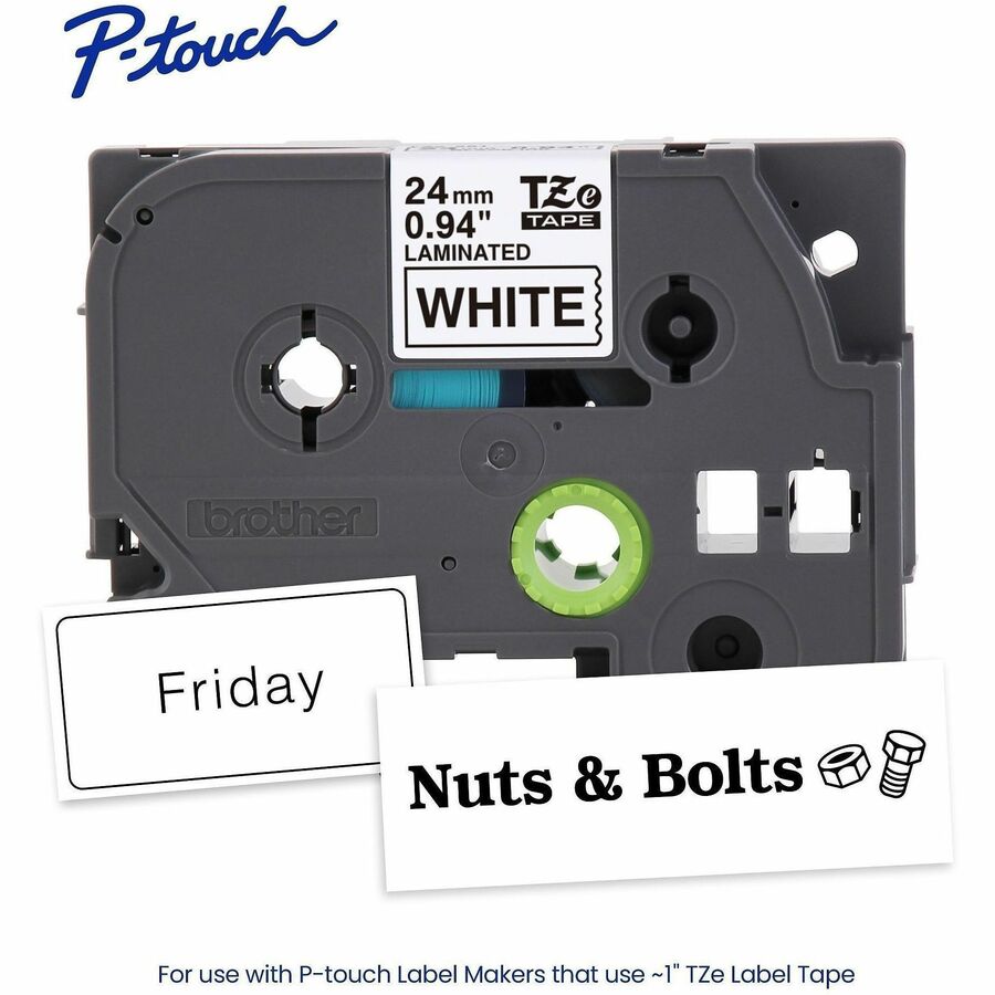 Image of P-touch TZE251G Genuine TZe251 BK on WHT Label Tape, Laminated, 24mmX8m, 15/16" Width, White, Laminated, Water Resistant, 1 Each