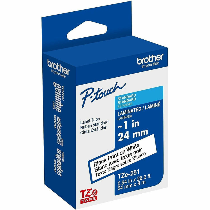 Image of P-touch TZE251G Genuine TZe251 BK on WHT Label Tape, Laminated, 24mmX8m, 15/16" Width, White, Laminated, Water Resistant, 1 Each