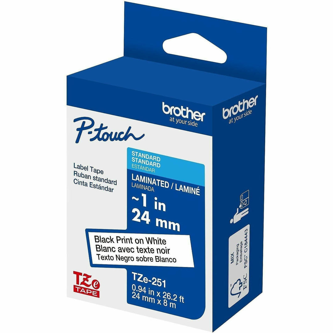 Image of P-touch TZE251G Genuine TZe251 BK on WHT Label Tape, Laminated, 24mmX8m, 15/16" Width, White, Laminated, Water Resistant, 1 Each
