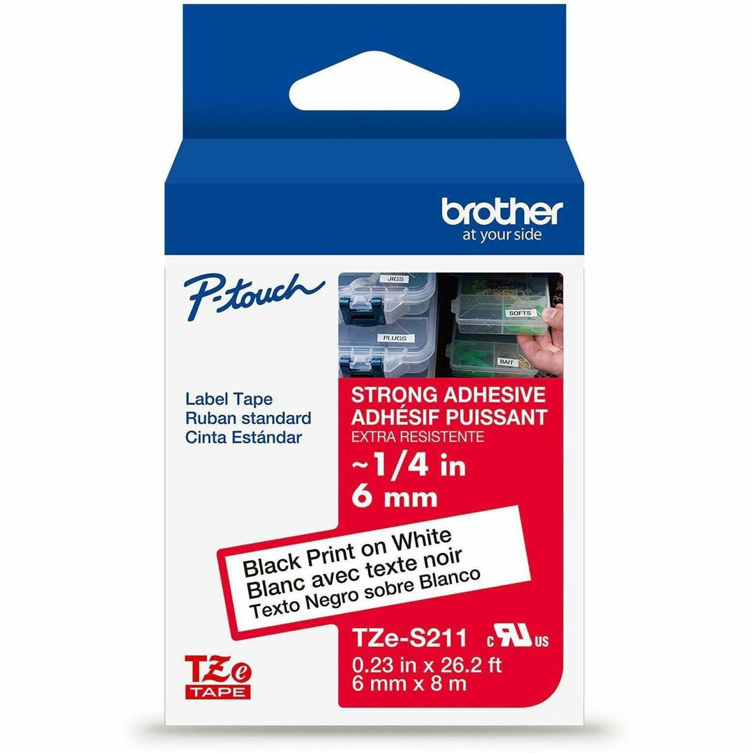 Image of P-touch TZES211G Genuine TZeS211 BK on WHT Label Tape, Strong Adhesive Lam., 6mmX8m, 15/64" Width, White, Laminated, Water Resistant, 1 Each