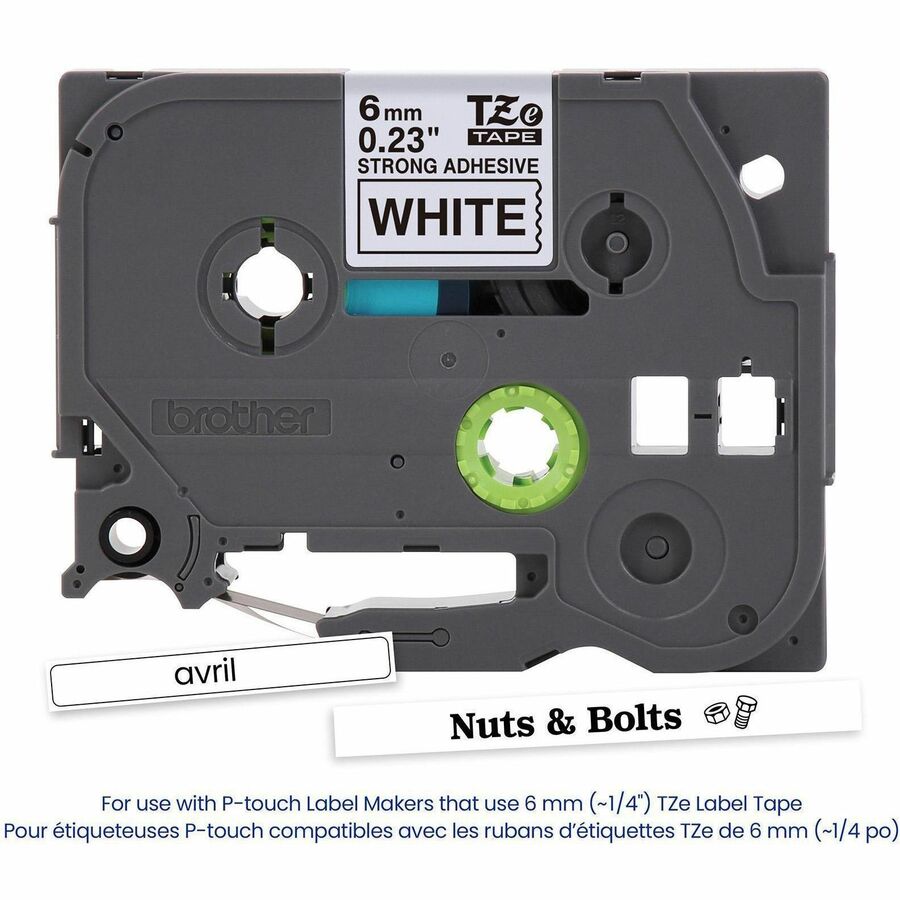 Image of P-touch TZES211G Genuine TZeS211 BK on WHT Label Tape, Strong Adhesive Lam., 6mmX8m, 15/64" Width, White, Laminated, Water Resistant, 1 Each