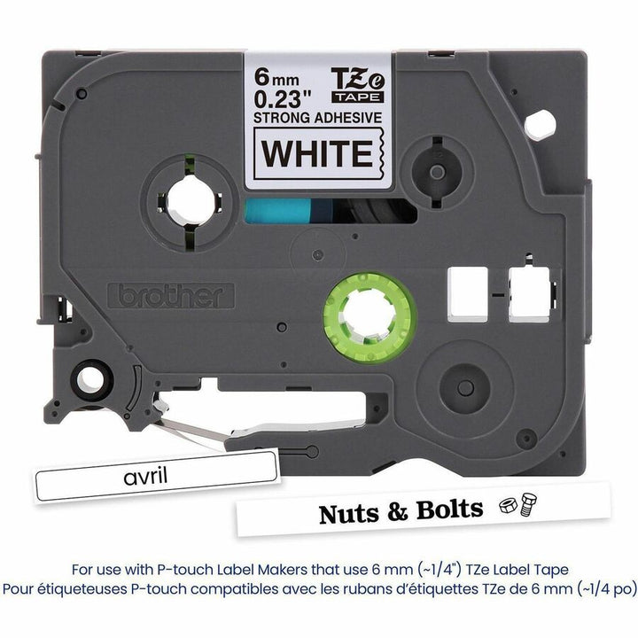 Image of P-touch TZES211G Genuine TZeS211 BK on WHT Label Tape, Strong Adhesive Lam., 6mmX8m, 15/64" Width, White, Laminated, Water Resistant, 1 Each