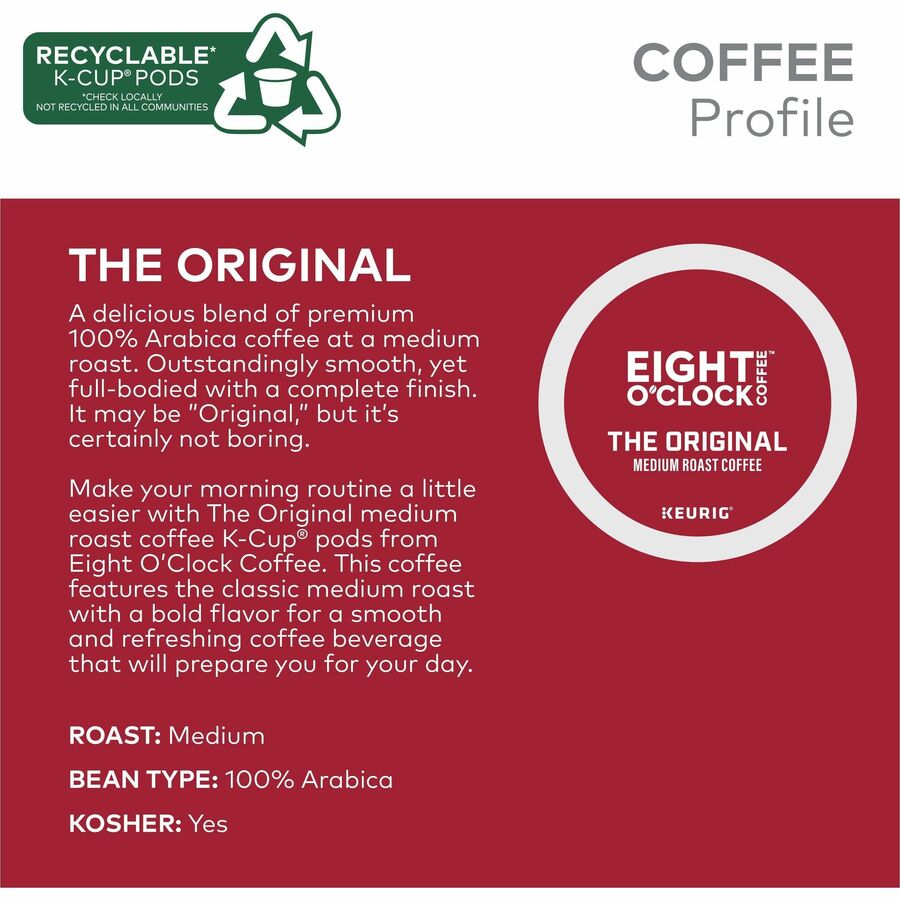 Image of Eight O'Clock 0657CT Original Coffee, Compatible with Keurig Brewer, Medium, Per Box, 24 K-Cup, K-Cup, Ground, Original, Kosher, 4 / Carton