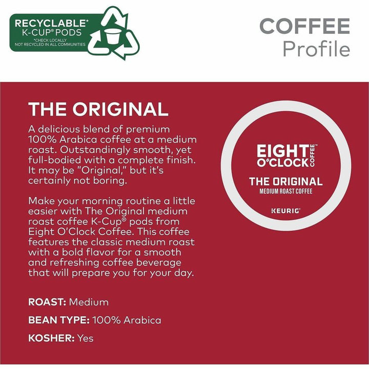 Image of Eight O'Clock 0657CT Original Coffee, Compatible with Keurig Brewer, Medium, Per Box, 24 K-Cup, K-Cup, Ground, Original, Kosher, 4 / Carton