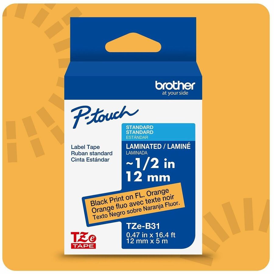 Image of Brother TZEB31CSG P-touch TZe Laminated Label Tape,, DiameterTape, Orange, Laminated, 26.20 ft Roll Length, For Label Maker, 1 Each