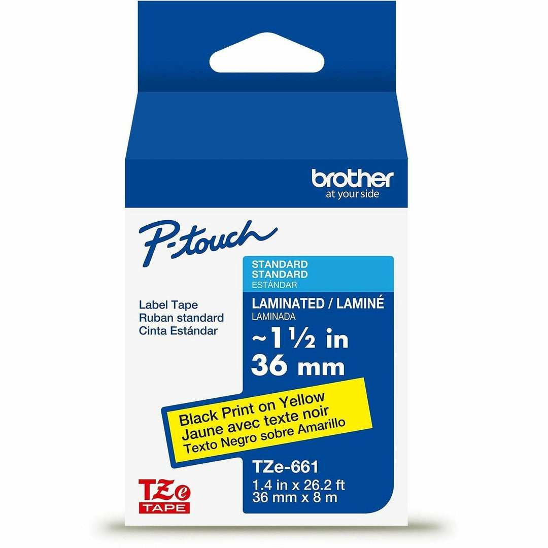 Image of P-touch TZE661G Genuine TZe661 BK on YL Label Tape, Laminated, 36mmX8m, 1 27/64" Width, Yellow, Laminated, Water Resistant, 1 Each