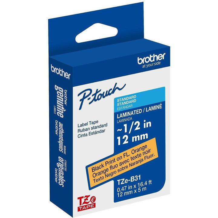 Image of Brother TZEB31G Genuine P-touch TZeB31 BK on FLUOR ORG Label Tape, Laminated, 12mmX5m