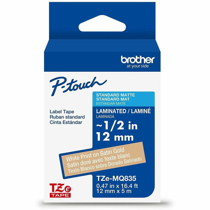 Image of Brother TZEMQ835G Genuine P-touch TZeMQ835 WHT on SATIN GLD Label Tape, Laminated, 12mmX5m