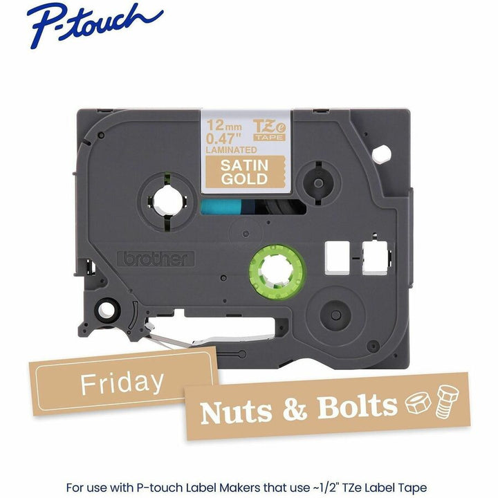 Image of Brother TZEMQ835G Genuine P-touch TZeMQ835 WHT on SATIN GLD Label Tape, Laminated, 12mmX5m