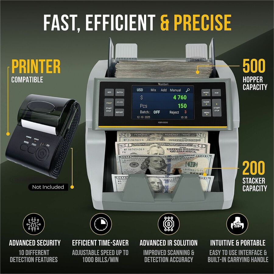 Image of Kolibri KBR-1500 V2 Mixed Bill Counter, Counts @ 1200 bills/min, Gray, 1 Each