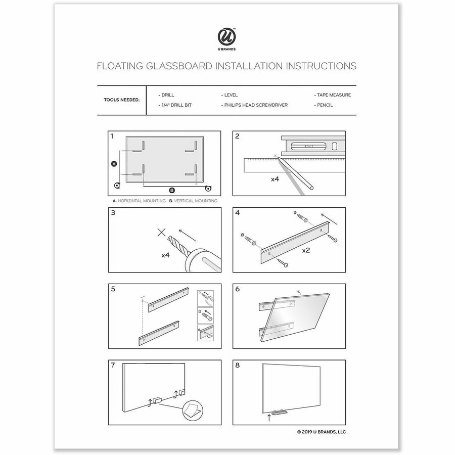 Image of U Brands Floating Glass Dry Erase Board, 72" x 36" (Actual Size: 70" x 35"), White Surface